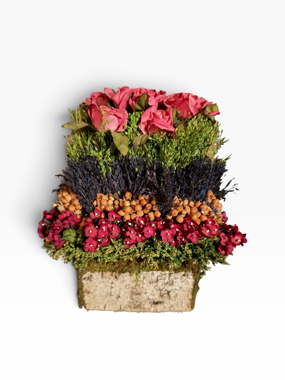 Rustic log home decor dried flower arrangement